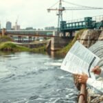 Férfi a vízparton szabályozási dokumentumokat tanulmányoz