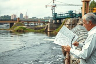 Férfi a vízparton szabályozási dokumentumokat tanulmányoz