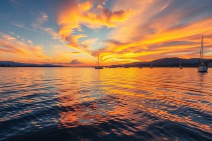 Naplemente a Balatonon, vitorlásokkal és gyönyörű tájjal