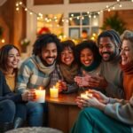 Téli estéket ünneplő csoport barátokkal, gyertyafényben.
