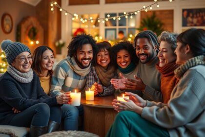 Téli estéket ünneplő csoport barátokkal, gyertyafényben.