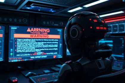 Robot monitoring AI warnings in a tech environment