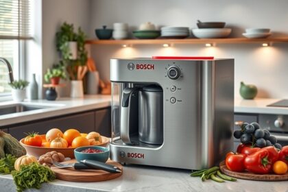 Bosch Universal Plus konyhai robotgép zöldségekkel és gyümölcsökkel.
