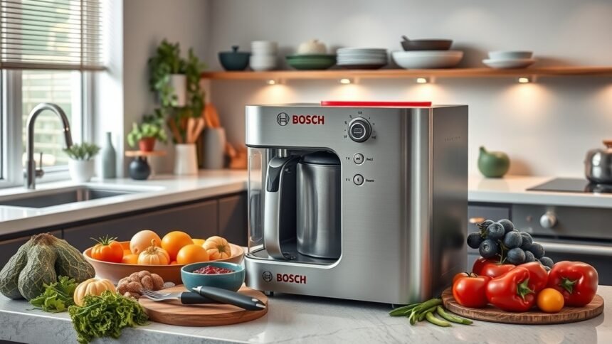 Bosch Universal Plus konyhai robotgép zöldségekkel és gyümölcsökkel.