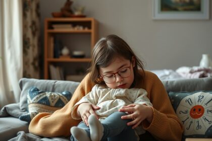Szeleczky Zita gyermeke a kanapén játszik családi környezetben.