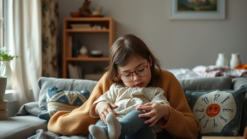 Szeleczky Zita gyermeke a kanapén játszik családi környezetben.