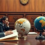Bírósági tárgyalás, globusokkal a klímaváltozás ügyében.