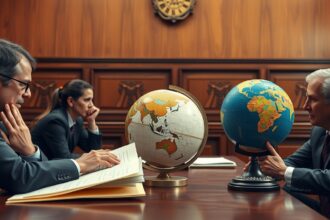 Bírósági tárgyalás, globusokkal a klímaváltozás ügyében.
