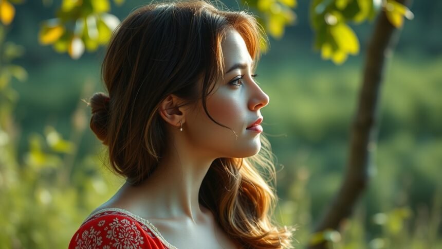 Fiatal nő profilu természetes környezetben, egészséggel kapcsolatos témákhoz