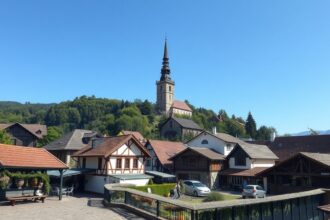 A gyönyörű falu panorámája magasan álló templommal