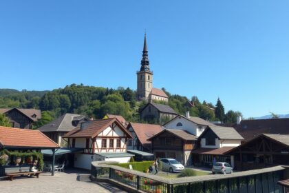 A gyönyörű falu panorámája magasan álló templommal
