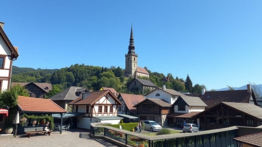 A gyönyörű falu panorámája magasan álló templommal