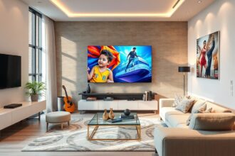 Samsung QE85QN80F TV a modern nappaliban, színes kép és elegáns bútorok.