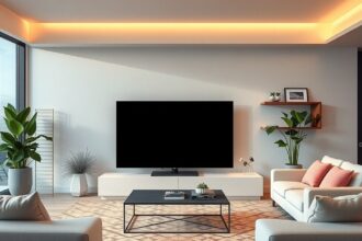 Modern otthoni mozi LG 65QNED93A6A televízióval és kényelmes bútorokkal.