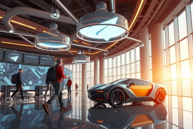 Modern irodaház belsőépítészet, Telegram szimbólum és futurisztikus autó.