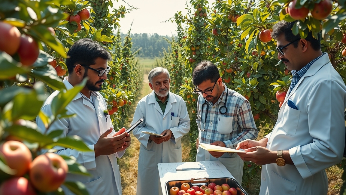Indiai tudósok az almaültetvényen kutatnak