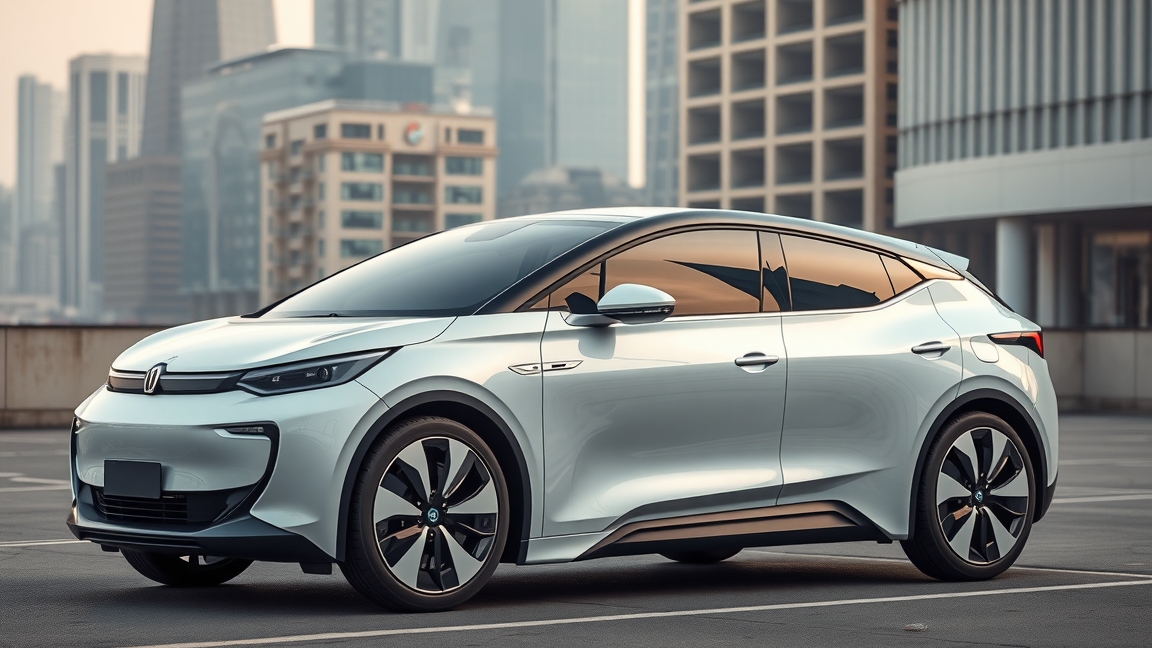 Modern kínai elektromos autó városi háttérrel.