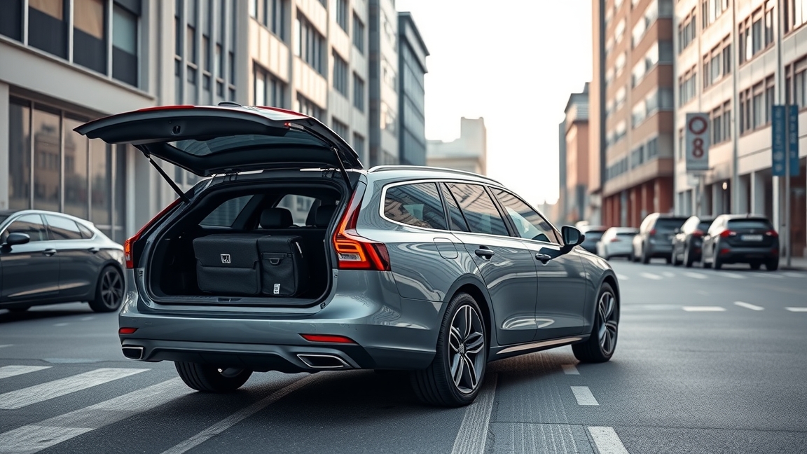 Tágas csomagtérrel rendelkező kombi autó a városban.