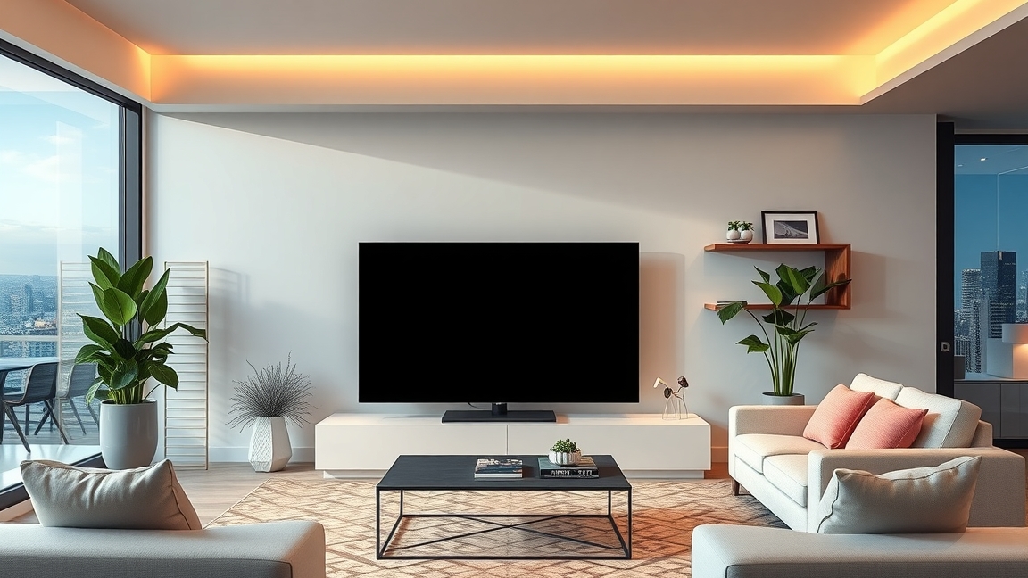 Modern otthoni mozi LG 65QNED93A6A televízióval és kényelmes bútorokkal.