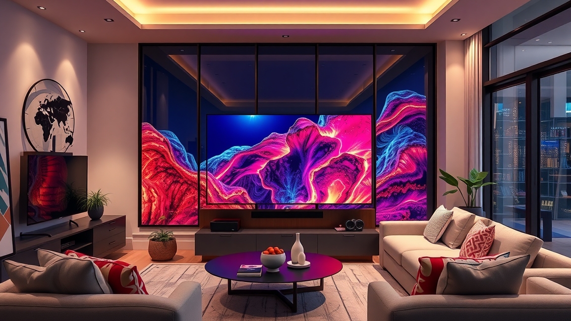 Modern nappali LG OLED77B53 televízióval és színes művészeti háttérrel.