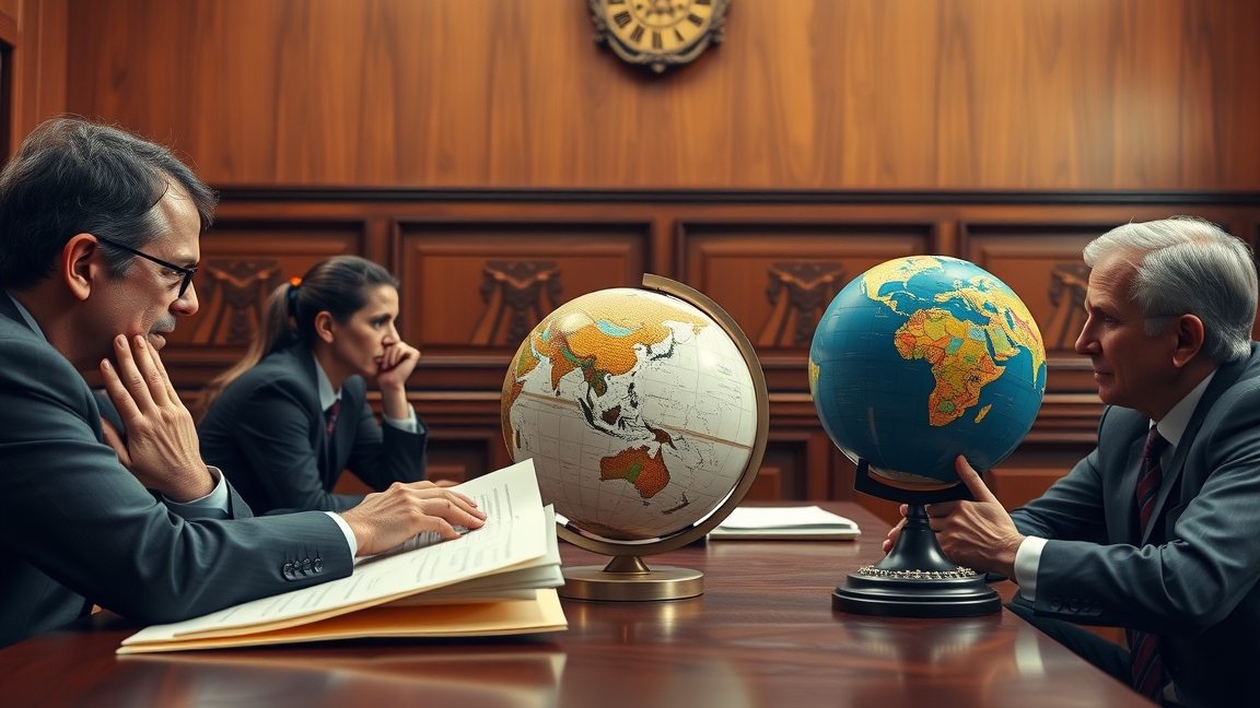 Bírósági tárgyalás, globusokkal a klímaváltozás ügyében.