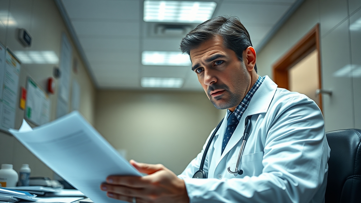 Orvos tekintete a dokumentációra, súlyos orvosi hibákra utalva.