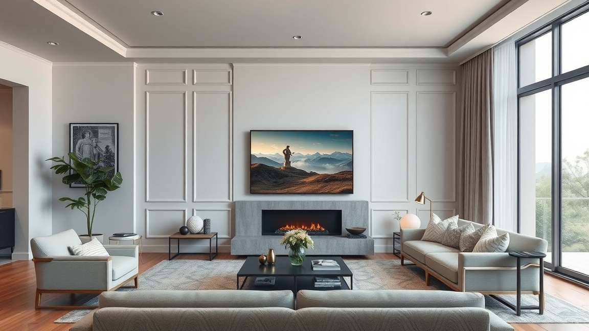 Samsung The Frame Pro QE75LS03FW tévé művészeti megjelenítése a modern nappaliban.