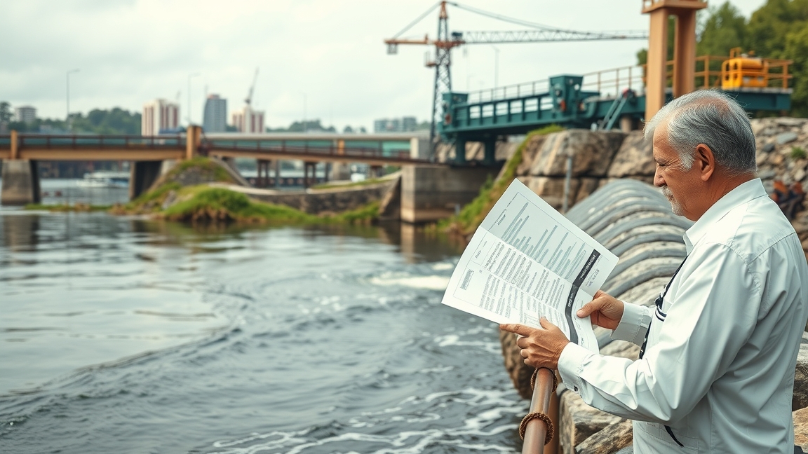 Férfi a vízparton szabályozási dokumentumokat tanulmányoz