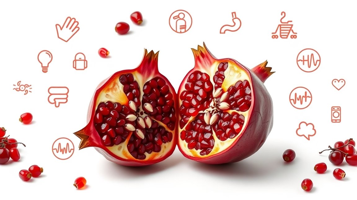 Félbevágott gránátalma, antioxidánsok és egészségügyi jelképek körülötte.