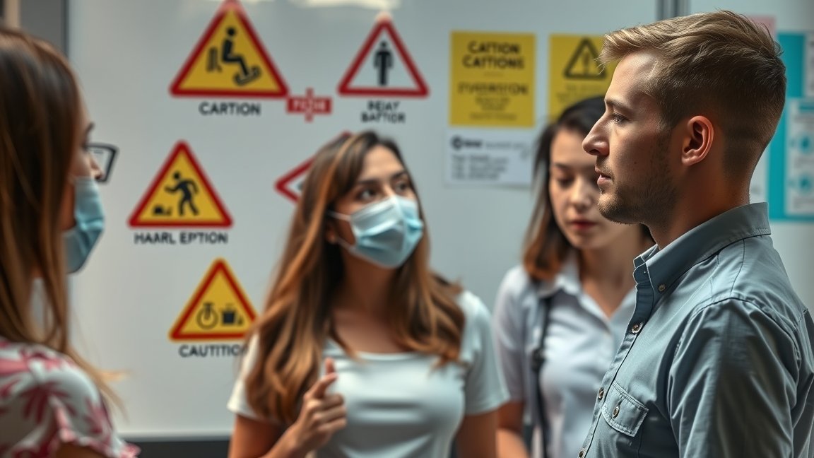 Fiatalok csoportja figyelmeztető táblák előtt maszkban.