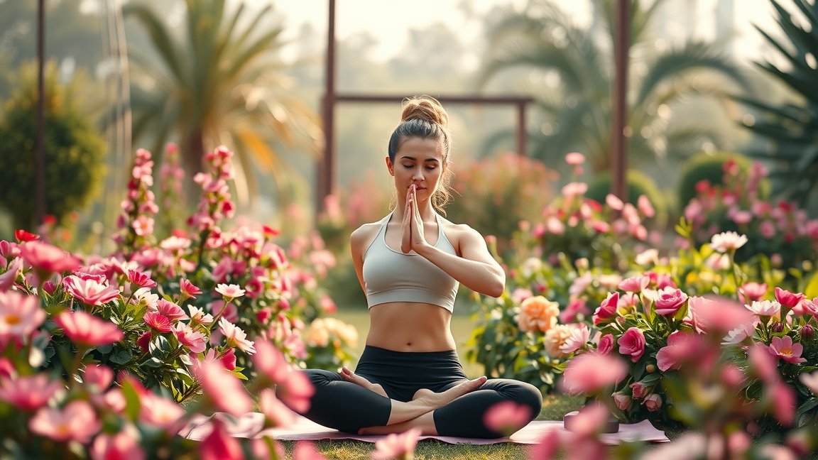 Egy fiatal nő meditál virágok között a hormonális egyensúlyért