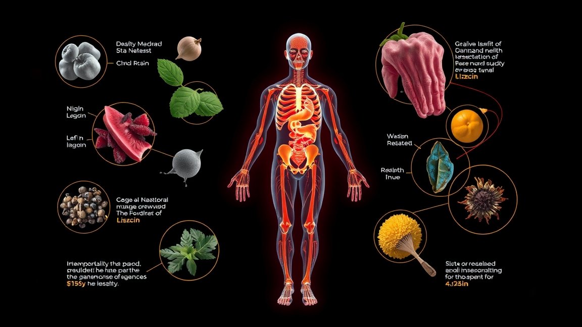 A lizin aminosav és annak forrásai az emberi test ábrázolásán.