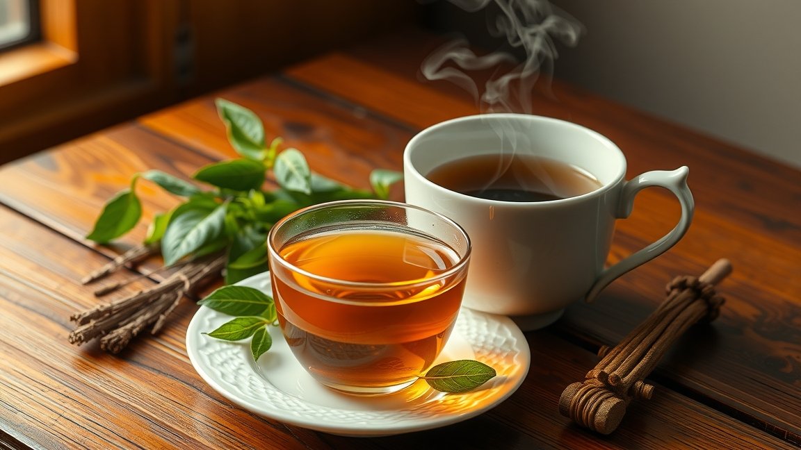 Máj meridián tea és gyógynövények a fából készült asztalon