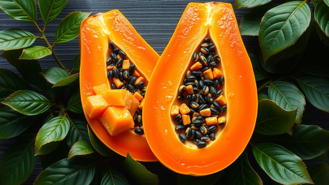 Friss papaya felvágva, ízletes péppel és magokkal.