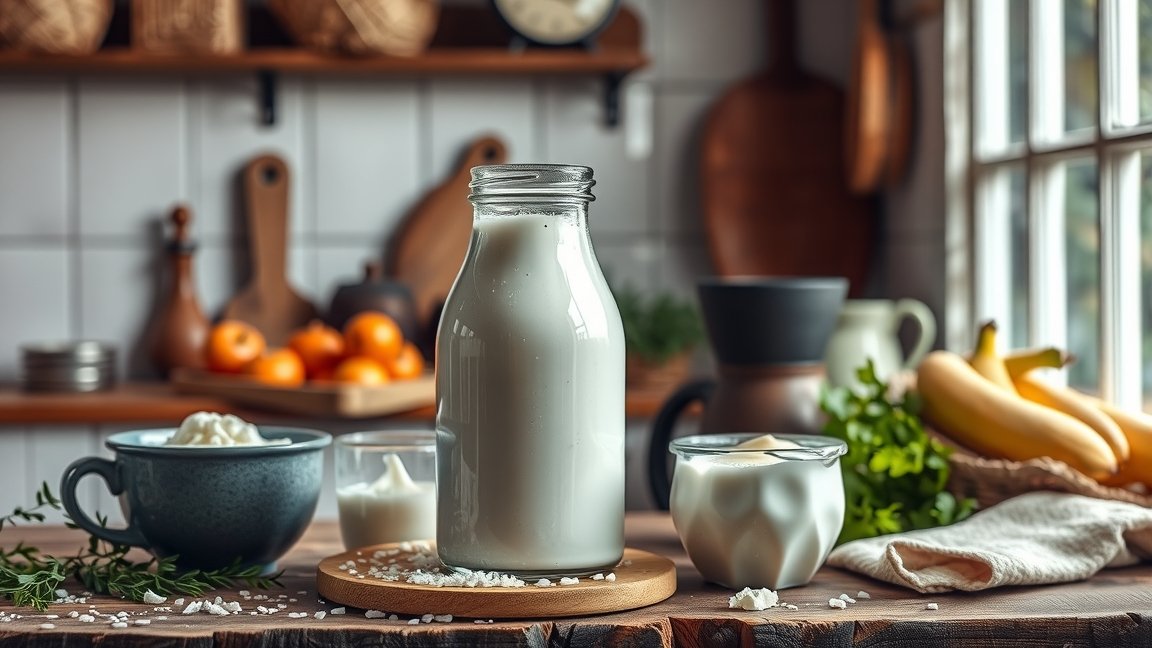 Egy üveg aludttej, friss tejtermékek és gyümölcsök a konyhában.