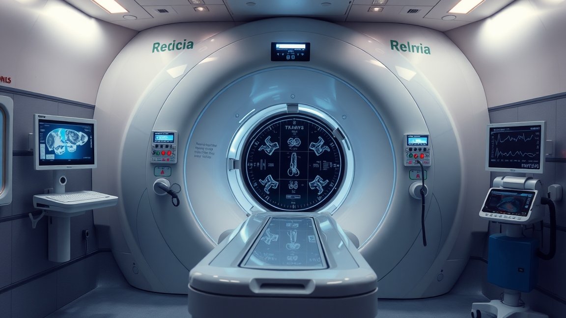 Az MRI gép belső nézete, orvosi képalkotási technológia bemutatása.