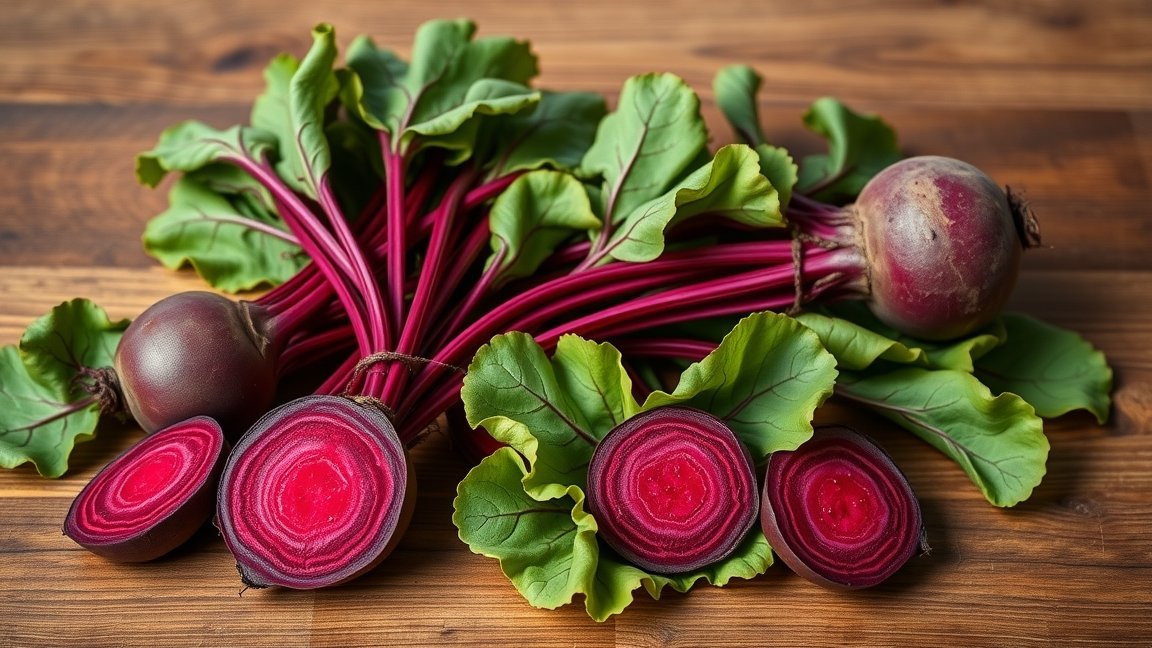 Friss cékla levelekkel, fényes piros gumókkal, egészséges táplálék.
