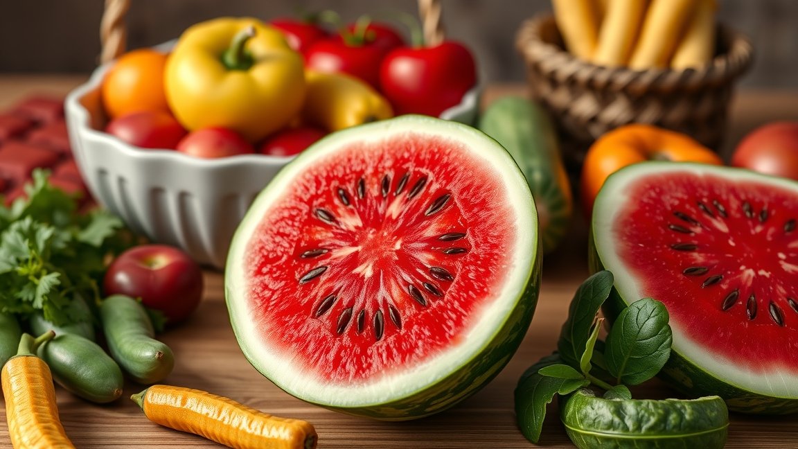 Friss dinnye és zöldségek asztalon, egészséges ételek.