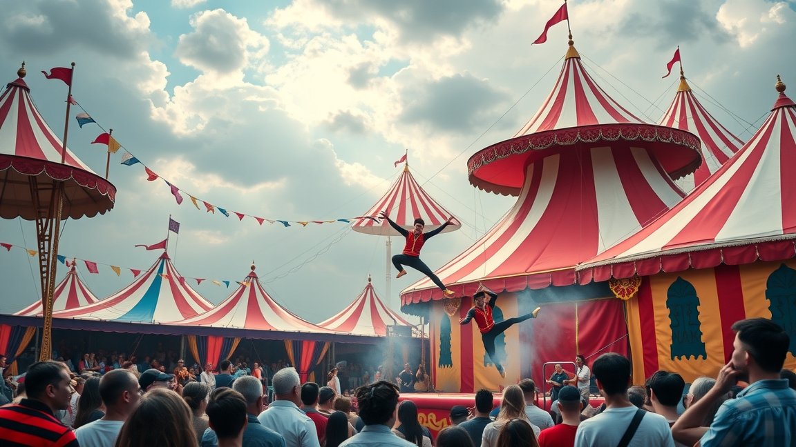 Cirkuszi előadás két művész ugrással a színpadon