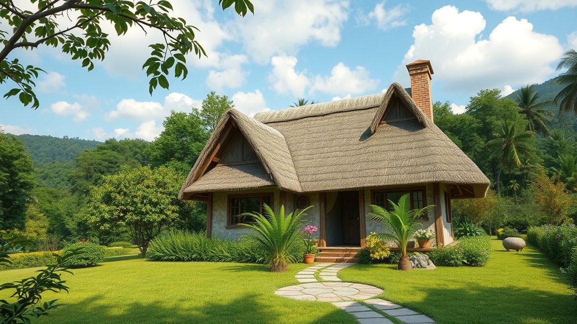 Nádtetős ház zöld környezetben, fenntartható építészet