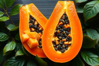 Friss papaya felvágva, ízletes péppel és magokkal.