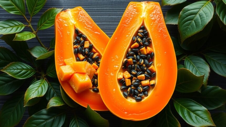 Friss papaya felvágva, ízletes péppel és magokkal.