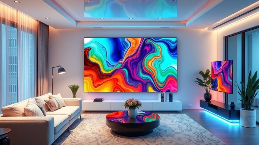 Modern nappali QLED televíziókkal élénk színekben