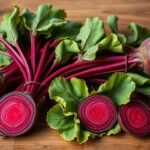 Friss cékla levelekkel, fényes piros gumókkal, egészséges táplálék.