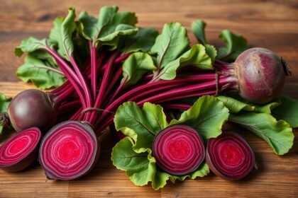 Friss cékla levelekkel, fényes piros gumókkal, egészséges táplálék.