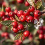 Érett berkenye gyümölcsök és virágok ágon.