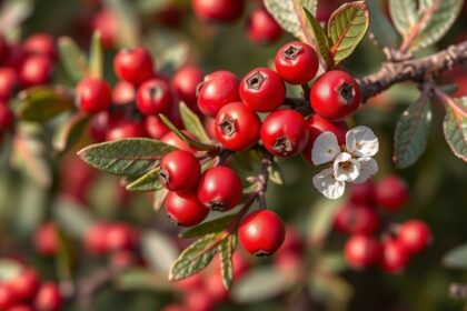 Érett berkenye gyümölcsök és virágok ágon.