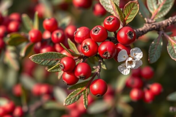 Érett berkenye gyümölcsök és virágok ágon.