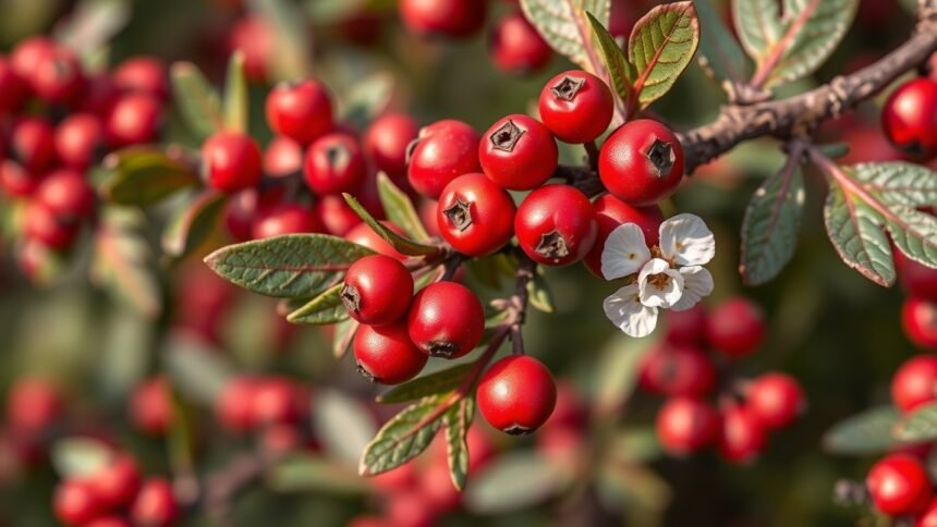 Érett berkenye gyümölcsök és virágok ágon.