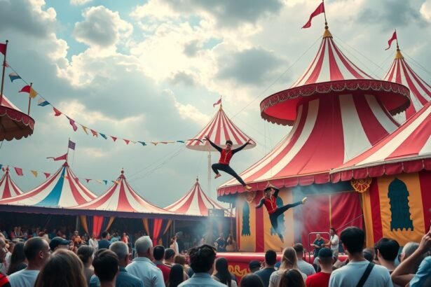 Cirkuszi előadás két művész ugrással a színpadon